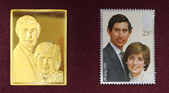 The Marriage of the Prince of Wales and Lady Diana 18ct gold replica stamp, cased